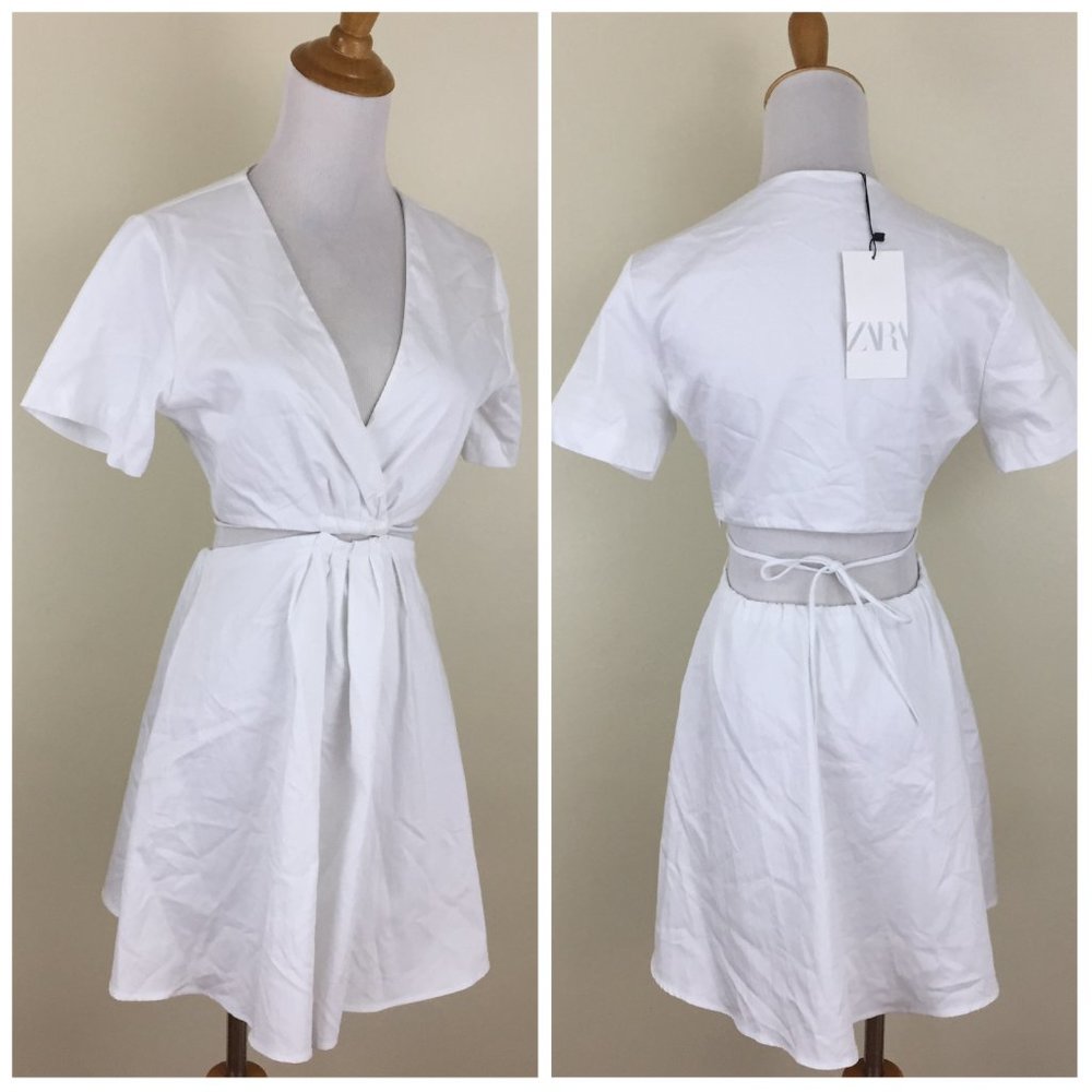 NWT ZARA White Cut Out Waist Short Sleeve V Neck Strap Belt Dress